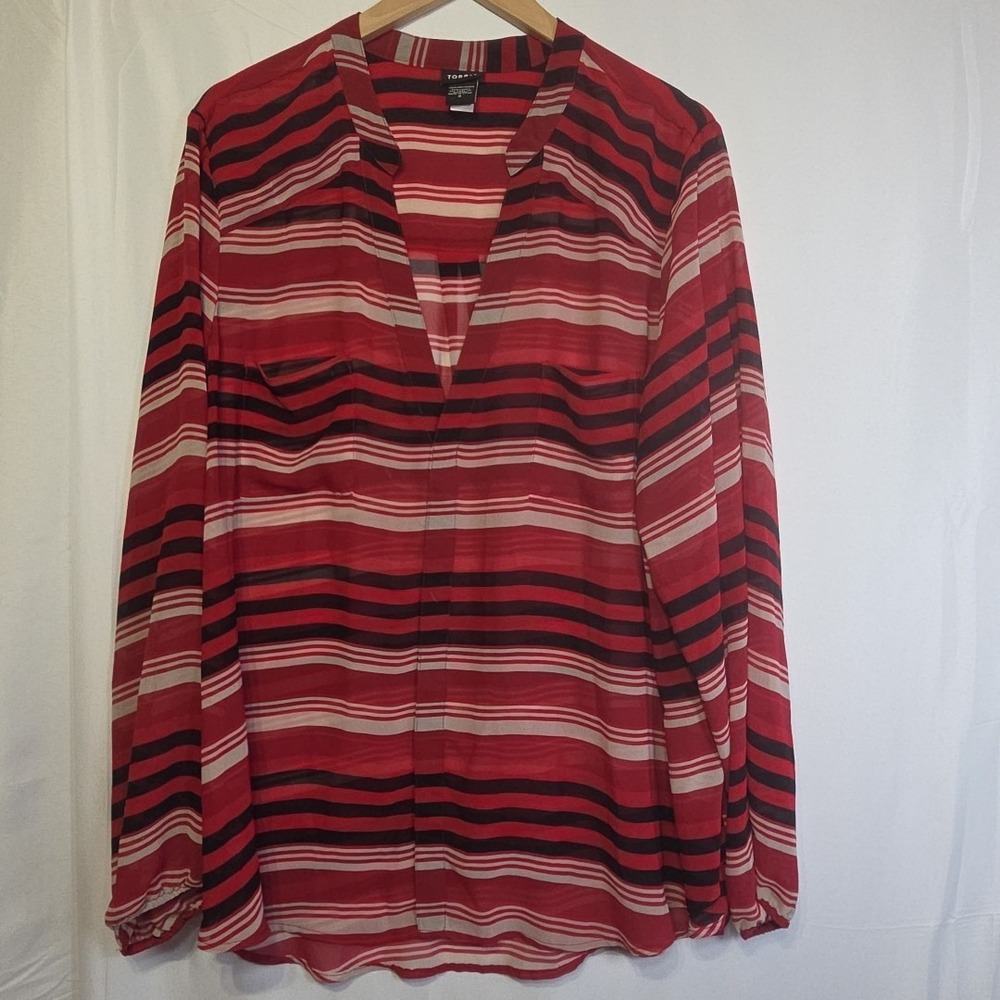 Torrid Size 3 Red Striped Blouse Sheer Lightweight V-Neck Long Sleeve Pullover T